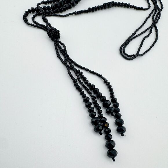 Vintage Black Beaded Layered Necklace Tassel Lariat Monochromatic Retro - Picture 2 of 11